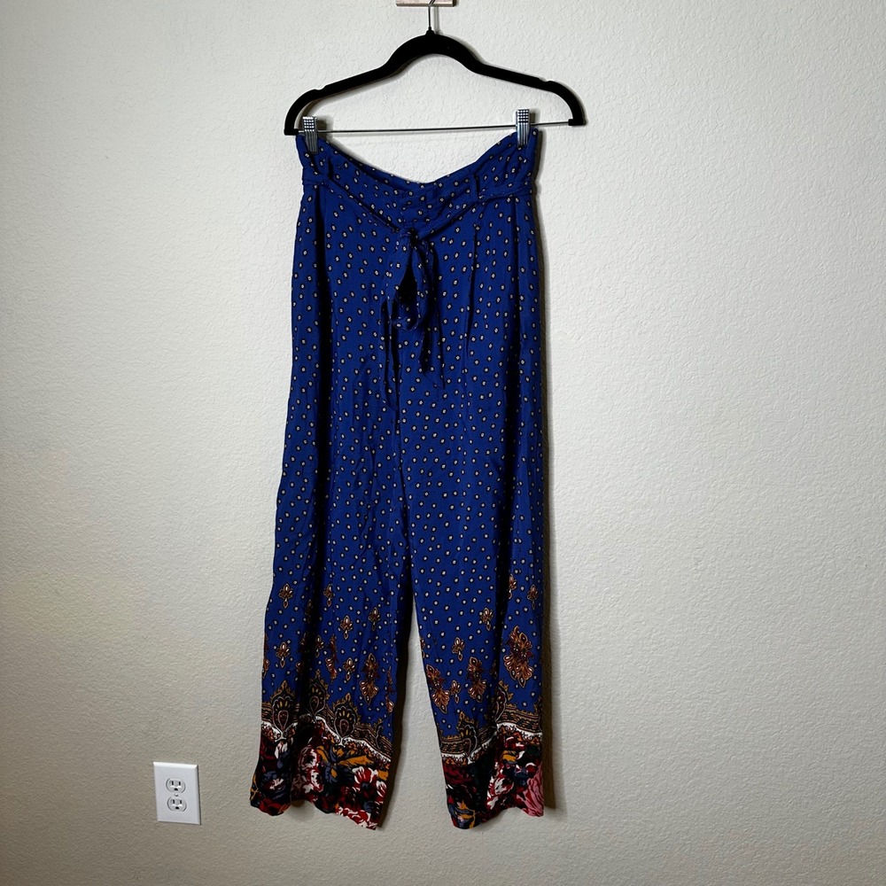 Ett:twa by Anthropologie Blue Flora Wide Leg Pants Size 6 Boho Palazzo Summer